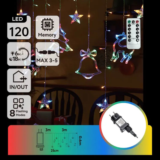 Grote LED-verlichting met 120 kleurrijke lampjes in vorm van bel en ster, uitgerust met afstandsbediening voor feestelijke sfeer in binnen- en buitenruimte.