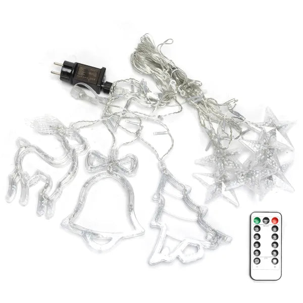 Glanzende LED-verlichting met 120 lichtjes in kleurrijke sterren- en belvormen, uitgerust met afstandsbediening voor feestelijke sfeer. Ideaal voor kerstversiering of binnenhuisdecoratie met warme, dynamische kleuren.