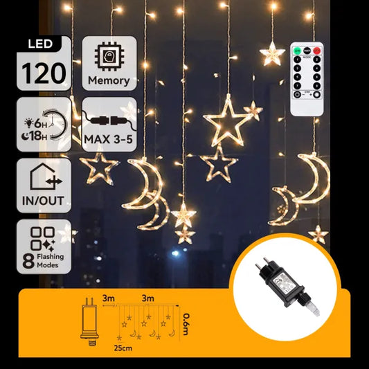 Gouden LED-sterren en maanvormige lichtsnoeren hangen in een nachtelijke scène, uitgerust met een afstandsbediening voor 8 flashmodi. Perfect voor feestelijke verlichting bij binnen- en buitenruimtes.