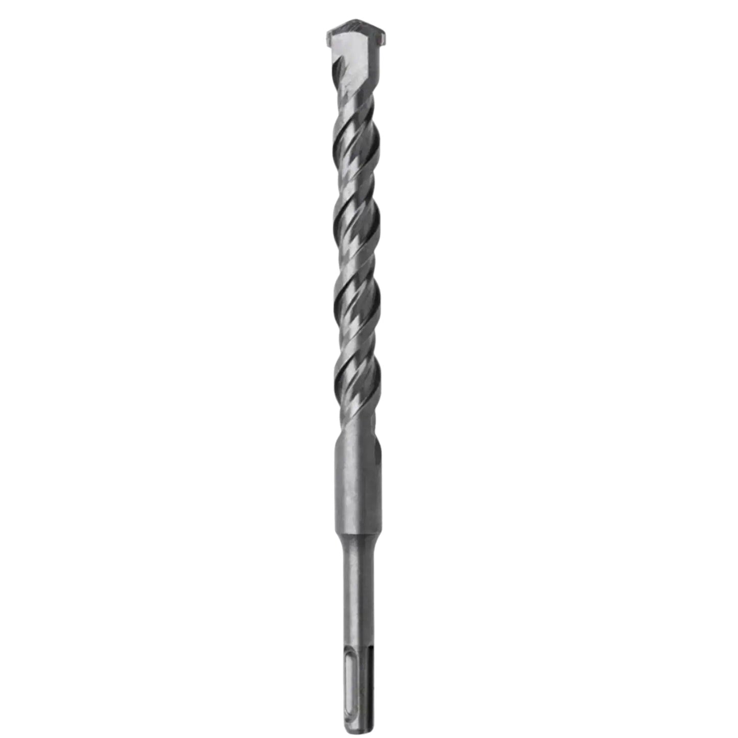 Zilverkleurige boormachinebit met schroefdraad en hexagonale kop, geschikt voor beton en steen. Metalen bit met precisiegevormde snijranden voor krachtige boorwerkzaamheden.