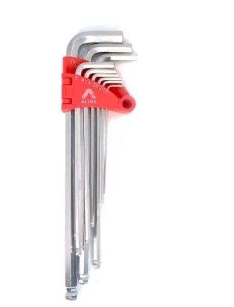 Zilverkleurige hex sleutels in een rode houder, geschikt voor fiets- en motoronderhoud. Set met verschillende maten voor precisiewerkzaamheden.