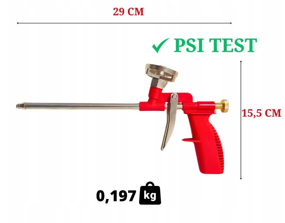 Rode schuimkanon met metalen spuitnaald en verstelbare dop, geschikt voor isolatie en bouwprojecten. Gebruik voor efficiënte schuimverftoepassing in woningbouw en reparaties.