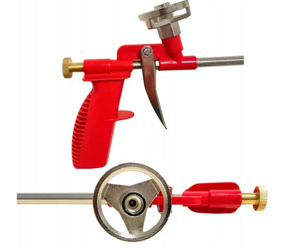 Rode schuimkanon met metalen spuitstang en trekker, geschikt voor isolatie en bouwprojecten. Gebruik voor efficiënte schuimverftoepassing in woningbouw en reparaties.
