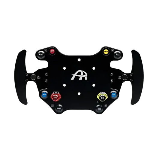 Zwart racestuur met glanzend logo en kleurrijke knoppen voor race- en simulatiespeeltoestellen. Geavanceerd stuur met functieknoppen voor racegame- en simulatiespeeltoestellen.