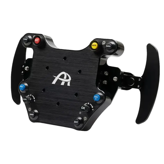 Zwart racestuur met kleurrijke knoppen voor racegames, inclusief pitstop- en menufuncties. Geschikt voor realistische simulaties en professionele racing-ervaring.