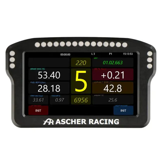 Zwart Ascher Racing-tijdmetingsscherm met kleurrijke LED-indicatoren en helder digitale display. Toepassing voor motorsport en race-uitrusting met duidelijke tijd- en snelheidsgegevens.