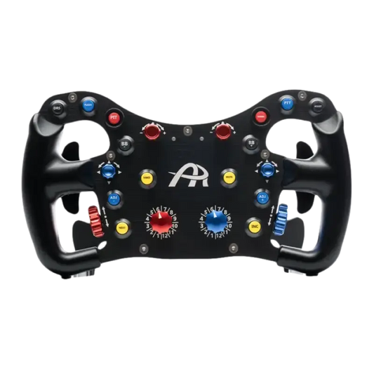 Zwart racestuur met kleurrijke knoppen en draaiknoppen voor formule 1 simulatie. Gebruik voor realistische race-ervaring in de woonkamer.
