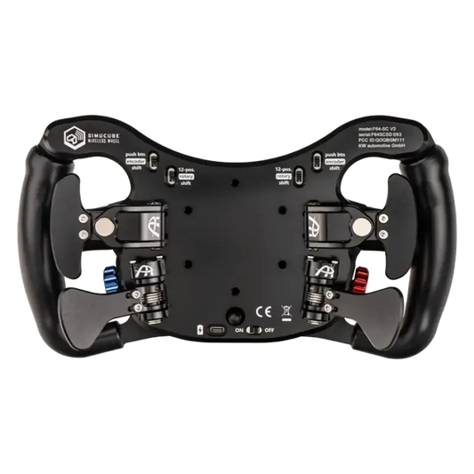 Zwart racestuur met kleurrijke knoppen en draaiknoppen voor Formule 1-simulatie. Geschikt voor racegame-enthusiasten en professionele simulaties.
