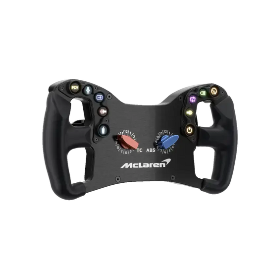 Zwart McLaren racestuur met glanzend logo, kleurrijke LED-knoppen en draaiknoppen voor TC en ABS. Geschikt voor racegame-controllers en motorsport-enthusiasten.