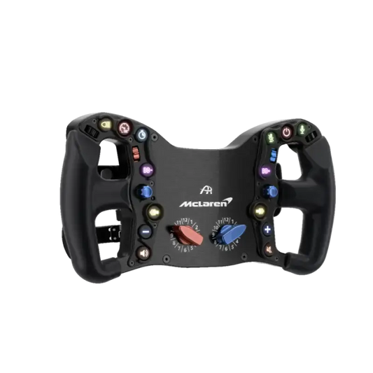 McLaren racestuurwiel met glanzend zwart oppervlak en kleurrijke, verlichte knoppen. Zichtbaar zijn de rood en blauwe schuifregelaars en het McLaren-logo. Ideaal voor Formule 1 simulaties en racegame-ervaringen.