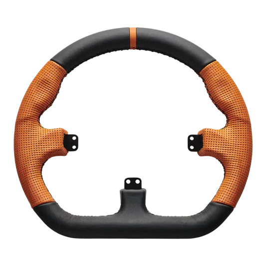 Een sportief stuurwiel met oranje perforatie en zwarte rand, voorzien van een centrale bevestigingsplaat en zichtbare montageschroeven. Geschikt voor gaming-stuurwiel en race-automobiel simulatie.