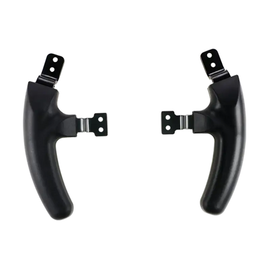 Zwarte, ergonomische stuurknoppen met metalen bevestigingspunten, geschikt voor gaming-stuurwiel. Perfect voor gamers die een betere greep en precisie op zoek zijn.