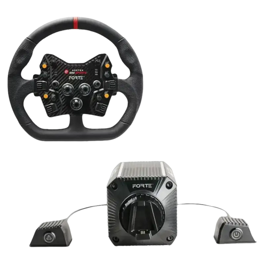 Zwart racestuur met carbonlook en oranje knoppen, inclusief Forte-branded pedalen voor realistische simulatie. Geschikt voor PC-racegames en professionele simulaties.
