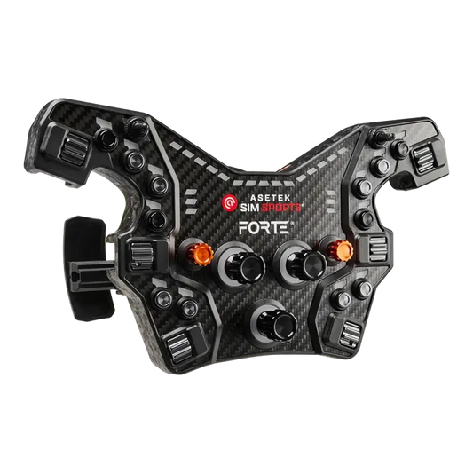 De Asetek SimSports Forte racestuurcontroller, met zwart koolstofvezel oppervlak en glanzende metalen knoppen, is speciaal ontworpen voor race- en simracingtoepassingen. De rode LED-indicatoren en centrale aansluitingen versterken de technische uitstraling.