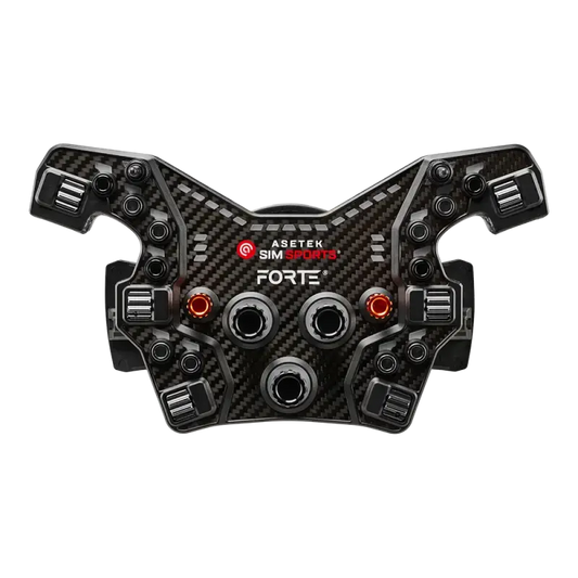 De Asetek SimSports Forte racestuurcontroller, met zwart koolstofvezel oppervlak en glanzende metalen knoppen, is speciaal ontworpen voor race- en simracingtoepassingen. De rode LED-indicatoren en centrale aansluitingen versterken de technische uitstraling.