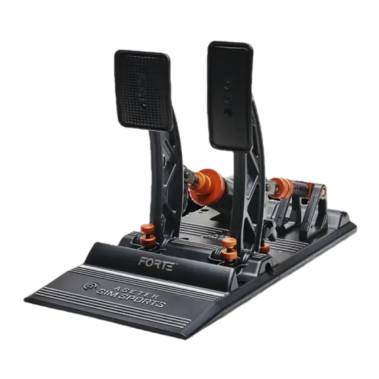 Zwart racepedaal met oranje details en textuur voor betere grip, speciaal ontworpen voor racegame-simulaties. Gebruik voor realistische stuurervaring in virtuele rally- en raceauto’s.