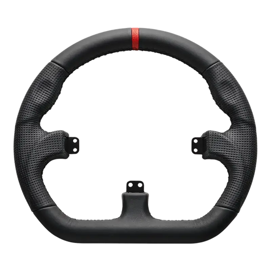 Zwart stuurwiel met perforatie en rode accentstreep, geschikt voor racegames. Gemaakt van leer met metalen bevestigingspunten voor gamingcontrollers.