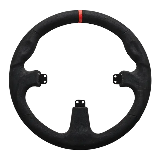 Zwart stuurwiel met textuur en rode accentstreep, geschikt voor race- en simulatiespeeltoestellen. Met metalen bevestigingspunten voor gaming-stuurwiel.