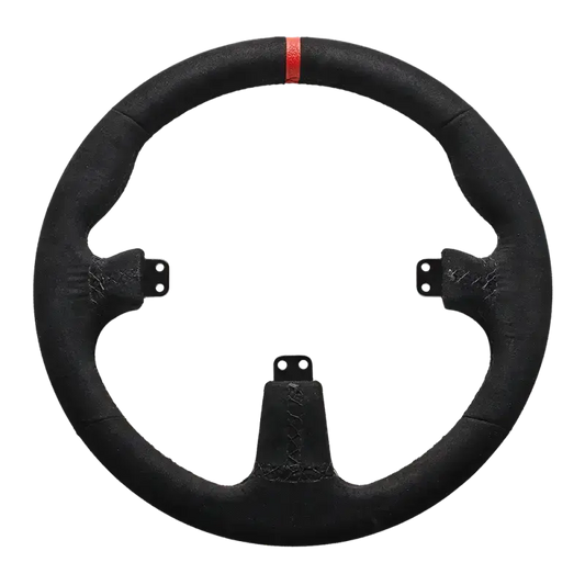 Zwart stuurwiel met textuur en rode accentstreep, geschikt voor race- en gamingstoelen. Metalen bevestigingspunten zichtbaar voor optimale stabiliteit en realistische simulatie.