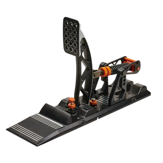 Zwarte racepedaal met oranje verstelbare schroeven en metalen constructie, geschikt voor gamingstoelen. Voor realistische simulatie in racinggames en professionele race-controllers.