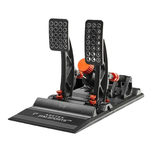 Zwart Asetek Sim Sports pedaalset met oranje verstelbare schroefjes en gaten op de voetpedalen, speciaal ontworpen voor realistische racegame-simulatie.
