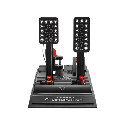 Zwart Asetek Sim Sports pedaalset met oranje verstelbare knoppen en gaten voor grip, geschikt voor racegame simulatie. Robuust ontwerp voor realistische stuurervaring in gaming.