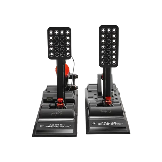 Zwart Aseten SimSports racepedaal met oranje knoppen en metalen voetplaten, geschikt voor realistische racegame-ervaring. Geoptimaliseerd voor gaming en simulatiesport.