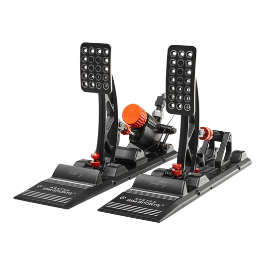 Zwart Aseten SimSports racepedaal met oranje knoppen en metalen voetplaten, speciaal ontworpen voor realistische racegame-ervaring. Gebruik voor professionele simulaties en gaming-enthusiasten.