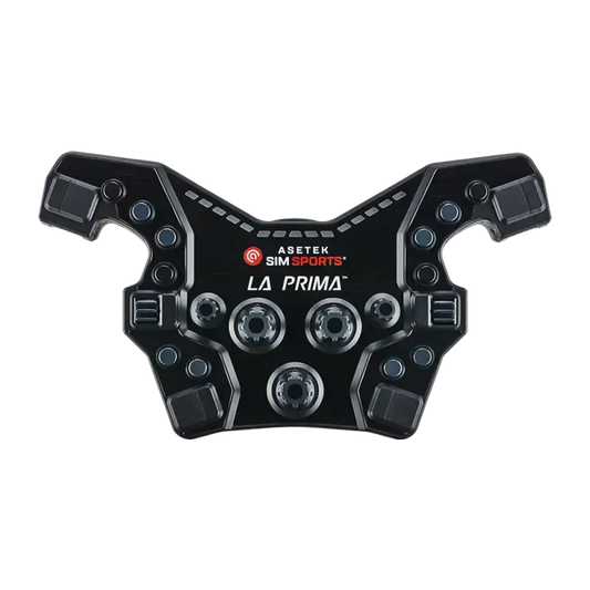 De Asetek SimSports La Prima racestuurwielhouder in zwart, met zichtbare schroefopeningen en het merklogo. Geschikt voor racegames en simracing, met een robuust ontwerp voor optimale grip en precisie.