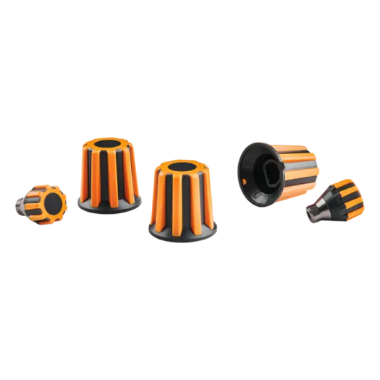 Oranje en zwarte schroefkoppen met ribbelstructuur, geschikt voor elektrische schroevendraaiers. Set van verschillende maten voor precisiewerkzaamheden en montage.