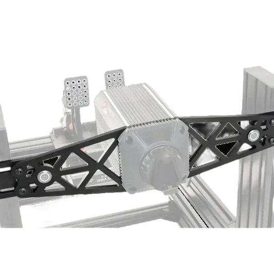 Zwart metaalframe met verstelbare voetpedalen en koelribben, geschikt voor 3D-printers. Metalen constructie met schroefverbindingen voor stabiliteit en precisie in printomgevingen.