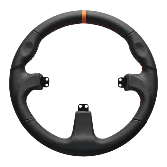 Zwart stuurwiel met oranje accenten en rode naad, geschikt voor race- en gamingstoelen. Gemaakt van leer met precisiegezette details voor optimale grip en realistische simulatie.