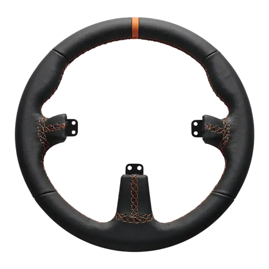Zwart stuurwiel met oranje accentstitching en centrale bevestigingspunten, geschikt voor race- en gamingstoelen. Perfect voor sportieve rijervaringen en virtuele racegames.