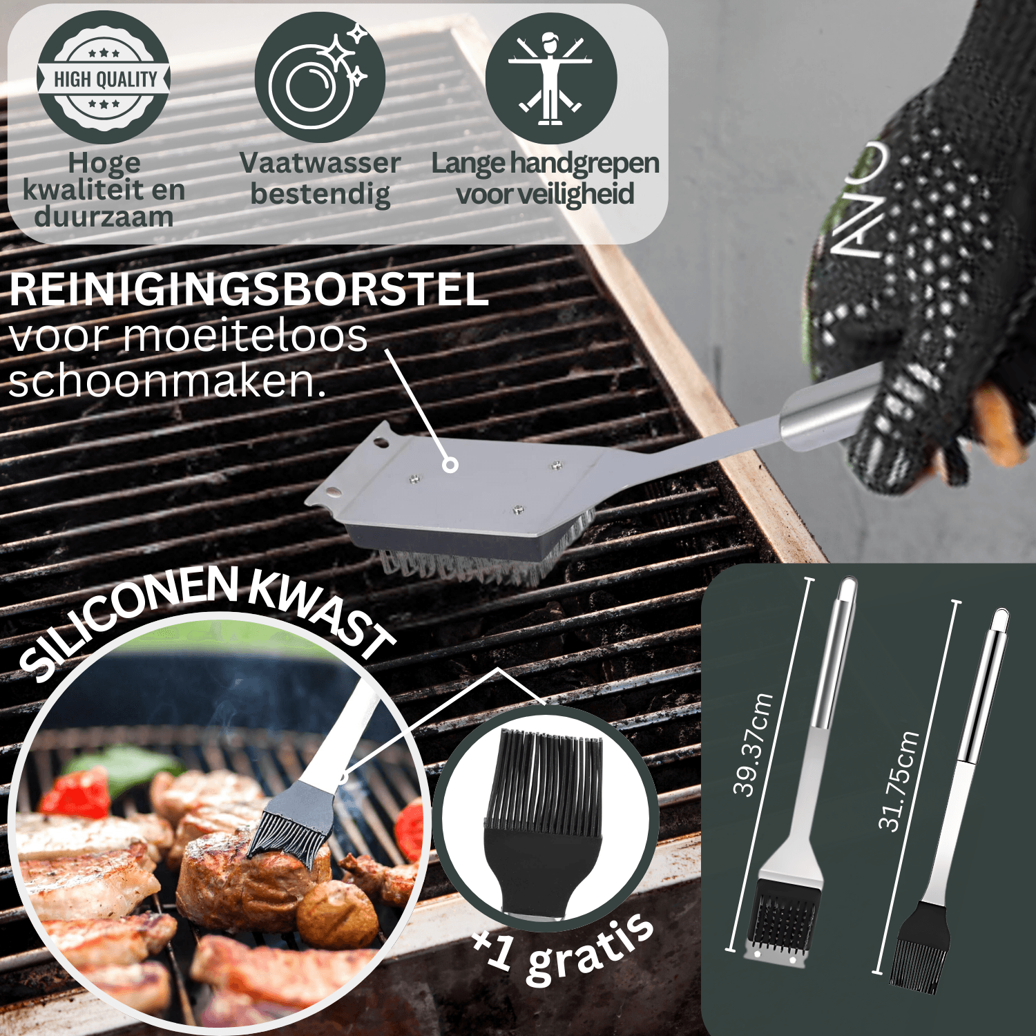 Zilverkleurige BBQ-set met glanzende metalen hulpmiddelen, inclusief vork, spatel en borstel, netjes opgeborgen in een zwart, opvouwbare tas voor barbecue-avonden. Perfect voor buitenkeuken en grillfeesten.