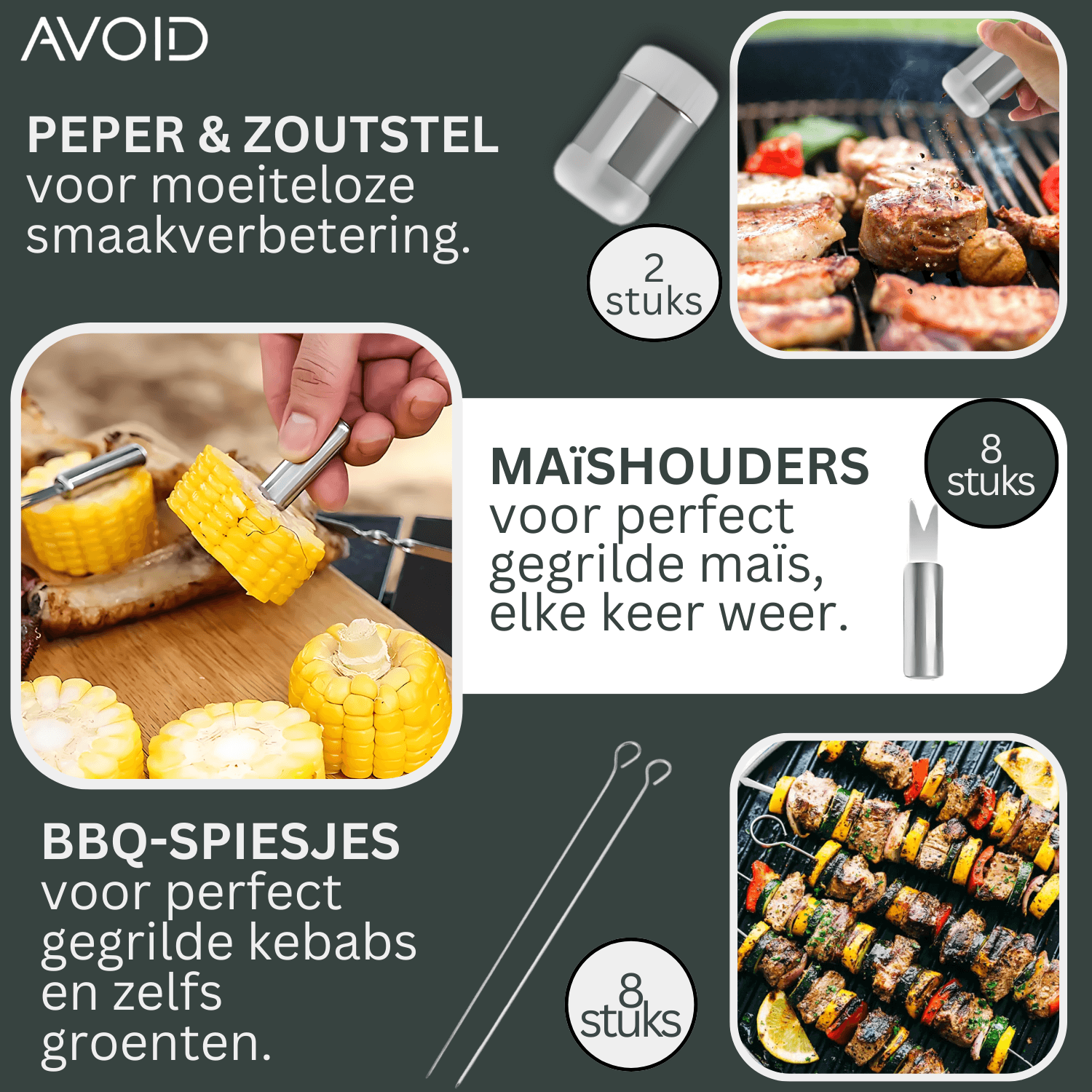 Zilverkleurige barbecuezetel met glanzend roestvrijstalen hulpmiddelen, inclusief vork, spatel en borstel, netjes opgeborgen in een zwarte draagtas voor buitenkeuken of grillfeesten.