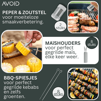 Zilverkleurige barbecuezetel met glanzend roestvrijstalen hulpmiddelen, inclusief vork, spatel en borstel, netjes opgeborgen in een zwarte draagtas voor buitenkeuken of grillfeesten.
