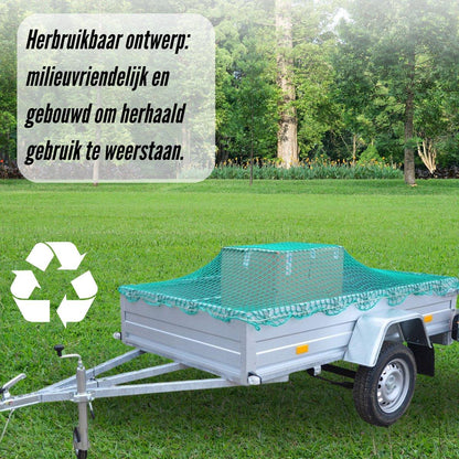 Groene afdeknet in transparante verpakking met zwarte handvatten, voorzien van gebruiksaanwijzingen voor transport van goederen. Geschikt voor vrachtwagens en containers, met twee beschikbare maten.