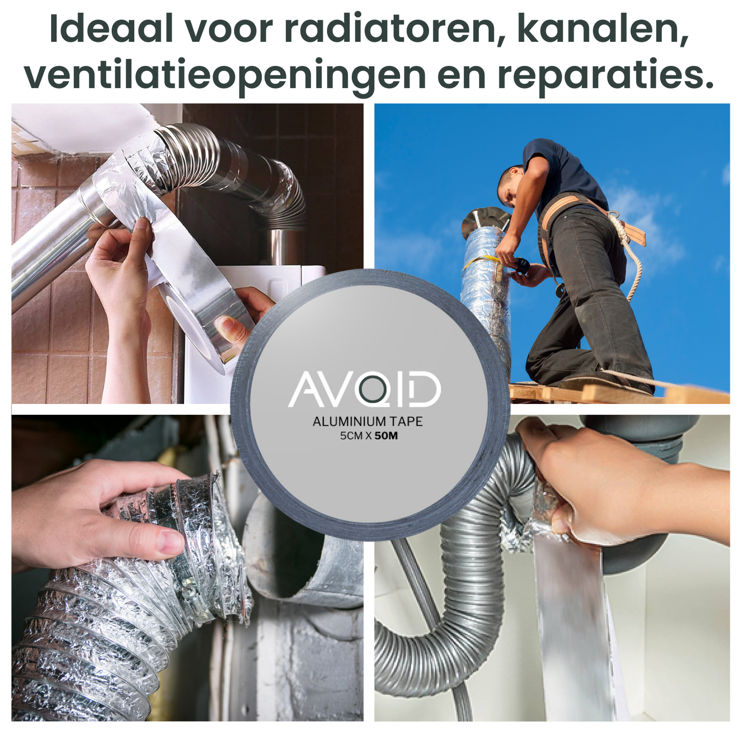Zilverkleurige rol van Avoid aluminium tape, 5 cm breed en 50 meter lang, met duidelijke witte en groene merknaam. Geschikt voor reparaties en isolatie in de houtbewerking en bouw.