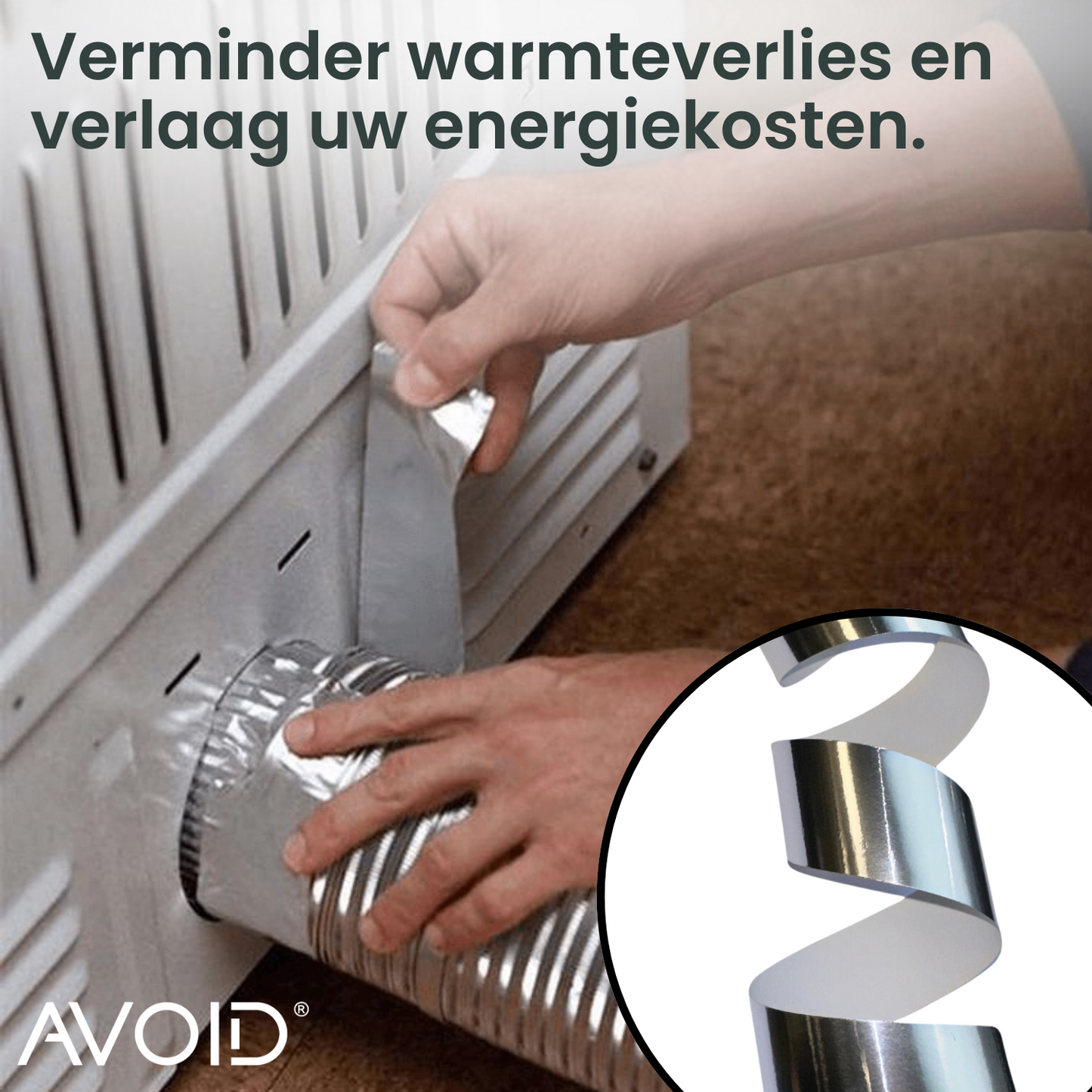 Zilverkleurige rol aluminium tape van het merk AVOID, met afmetingen 5 cm x 50 meter. Geschikt voor reparaties en isolatie in de houtbewerking en bouwsector.