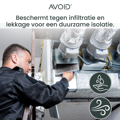 Een rol zilverkleurig aluminium tape van het merk AVOID, met afmetingen 5 cm x 50 meter, geschikt voor reparaties en isolatie in de houtbewerking en elektrische installaties.