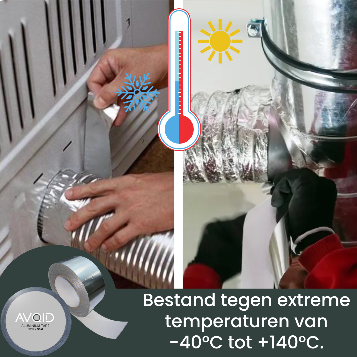 Zilverkleurige rollen van Avoid aluminium tape, 5 cm breed en 50 meter lang, geschikt voor reparaties en isolatie. Grote, duidelijke tekst op de rol voor gemakkelijke identificatie.