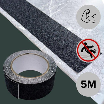 Zwart ronde rol van AVQID anti-slip tape, 5 cm breed en 5 meter lang, met zichtbare zilverkleurige rand en witte tekst. Geschikt voor veilige vloeren en meubels in huishoudelijk gebruik.
