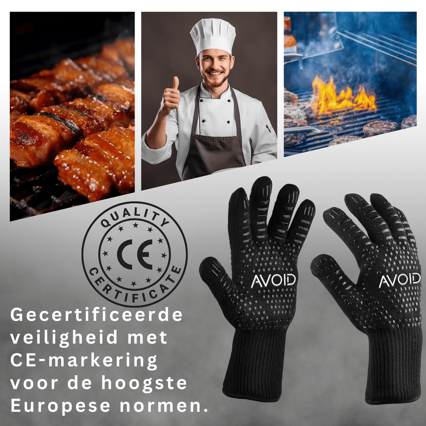 Zwarte AVOID-gloves met gripoppervlak en wit logo, geschikt voor koken en huishoudelijke taken. Gebruik deze handschoenen voor veilige greep op hete oppervlakken en scherpe voorwerpen.