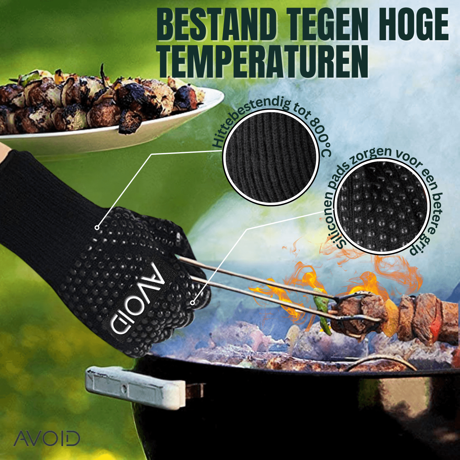 Zwarte AVOID-gloves met textuurrijke vingers en polsband, voorzien van anti-slip grip voor veiligheid bij koken en huishoudelijke taken. Geschikt voor gebruik in de keuken en bij het schoonmaken.