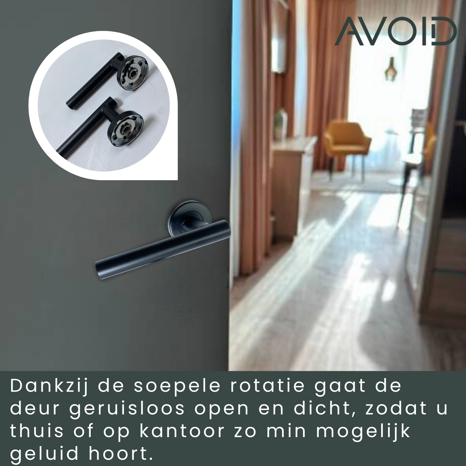 Zwart, mat afwerking met ronde handgrepen en ronde bevestigingsplaten. Geschikt voor moderne deuren, perfect voor minimalistische interieurs en badkamers.