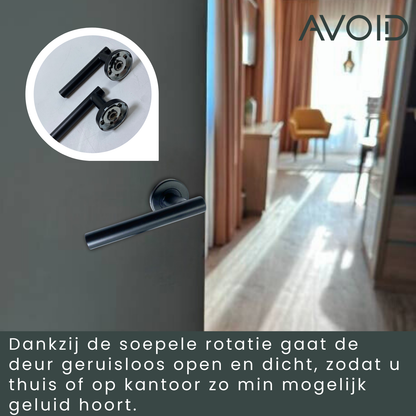 Zwart, mat afwerking met ronde handgrepen en ronde bevestigingsplaten. Geschikt voor moderne deuren, perfect voor minimalistische interieurs en badkamers.