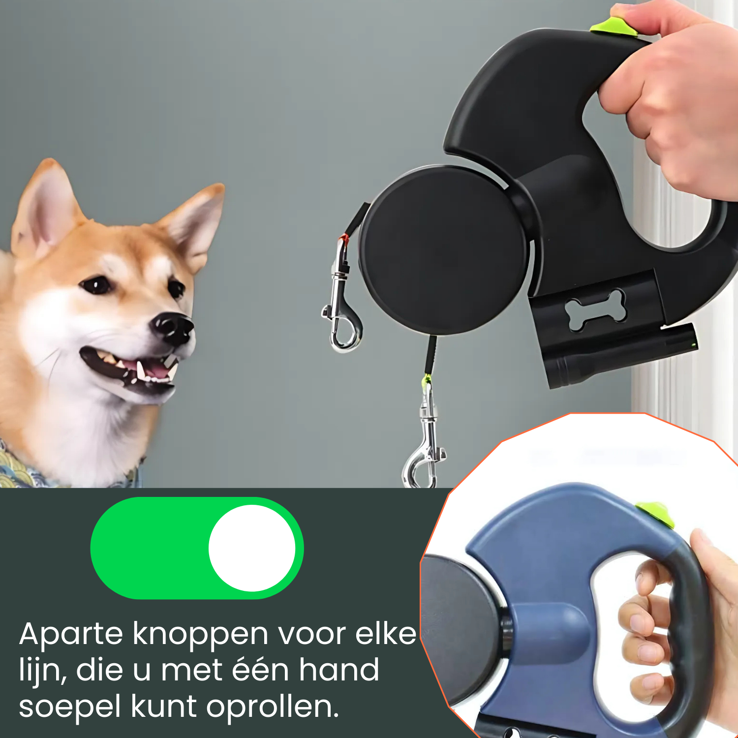 Een blauw-witte hondenhalsband met opvouwbare riem, zilveren karabijnhaakjes en een oranje bedieningsknop, geschikt voor wandelingen en dagelijks gebruik.