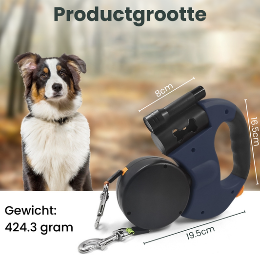 Een donkerblauwe, ergonomische hondensnoerrol met zwart plastic kogel en zilveren karabijnhaakken, geschikt voor wandelingen en dagelijks gebruik.