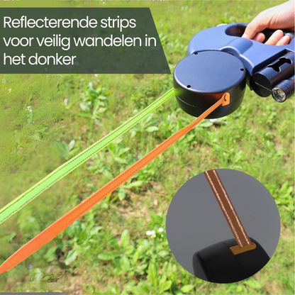 Een blauw-witte hondenhalsband met opvouwbare rol en metalen gesp, geschikt voor wandelingen. Geschikt voor honden, met comfortabele grip en veilige sluiting.