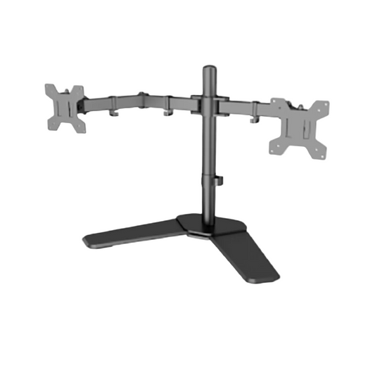 Zwart metalen dubbele monitorstandaard met verstelbare armen en stevige driepuntsvoet, geschikt voor ergonomisch werken en gaming.